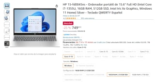 Ordenador portátil HP 15.6" FHD (Intel Core i7-1355U, 16GB RAM, 512GB SSD, , Windows 11) por 749,99€