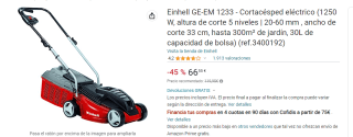 Cortacésped eléctrico Einhell GE-EM 1233 (1250 W, altura de corte 5 niveles | 20-60 mm , ancho de corte 33 cm, hasta 300m² de jardín, 30L de capacidad de bolsa) por 66.55€