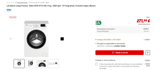 Lavadora carga frontal Beko WTA 9715 XW, 9 kg, 1400 rpm, 15 Programas, Función Vapor por 261,90€