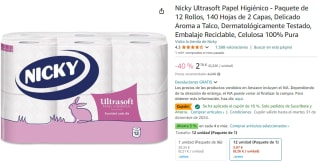 Nicky Ultrasoft Papel Higiénico 12 Rollos 140 Hojas de 2 Capas por 2,45€