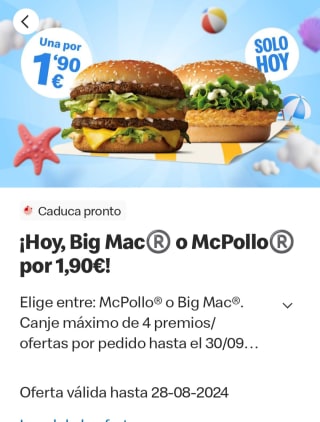 Oferta del día Big Mac o Mac Pollo por 1,90€