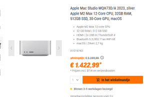 Apple Mac Studio M2 Max 12-core cpu, 30-core gpu, 32GB ram, 512GB opslag voor €1.422,51 bij Nbb