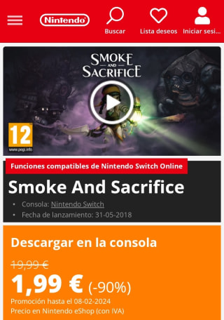 Smoke And Sacrifice Nintendo Switch por 1,99€.