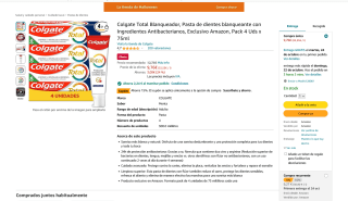 Pasta Colgate Total Blanqueador de dientes blanqueante con Ingredientes Antibacteriano 4 Unidades de 75ml por 5,98€