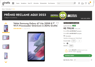 Tablet da Samsung, modelo Galaxy A7 Lite de 32GB - R$ 798