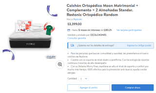 Colchón Moon Matrimonial + Complemento + 2 Almohadas a $3,399 en Walmart
