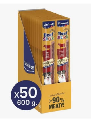 Pack de 50x12g de VITAKRAFT - Beef Stick Snack en stick para perros Sabor Buey por 18.49€ (Cuenta Nueva 11.1€)