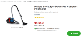 Philips PowerPro Compact FC9330/09 - Stofzuiger zonder zak voor €90,58 bij Proshop