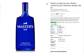 Master's Gin, Ginebra London Dry de 5 botánicos, Botella 700 ml por 10,75