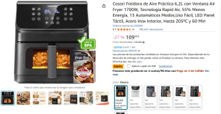Cosori Freidora de Aire Práctica 6,2L con Ventana Air Fryer 1700W por 59,99€