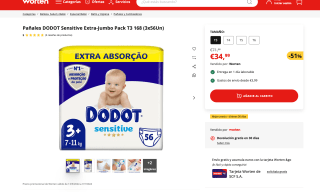 Pañales DODOT Sensitive Extra-Jumbo Pack T3 168 3x56 unidades por 34,99€