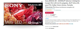 Televisor Sony BRAVIA XR - 65X95K/P Google Mini LED de 65 pulgadas, 4K/P Ultra-HD, para PS5, Dolby Vision-Atmos, Pantalla Triluminos Pro por 1549€