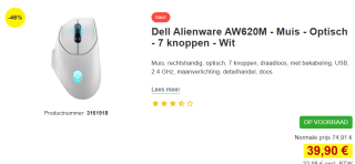 Alienware AW620M Draadloos 26000 DPI Optische muis voor €39,90 bij Proshop