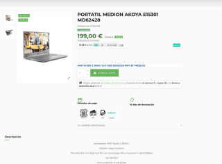 Portatil Medion Akoya E15301 AMD Ryzen 5 3500U/8 GB/256GB SSD/15.6" IPS por 199€