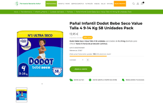 Pañal Infantil Dodot Bebe Seco Value Talla 4 9-14 Kg 58 Unidades Pack por 13,95€ 2da unidad con 50% Descuento