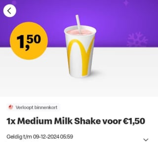 Milkshake medium voor €1,50 bij McDonald's