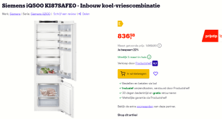 Siemens KI87SAFE0 Inbouw koel-vriescombinatie voor €836,58 bij Bol.com