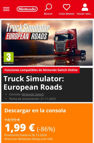 Truck Simulator European Roads Nintendo Switch por 1,99€.