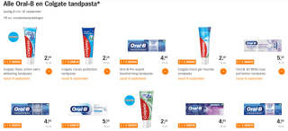 Alle Oral-B en Colgate tandpasta 1+ 2 gratis bij de AH
