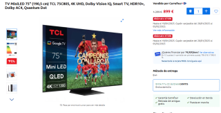 TV MiniLED 75" TCL 75C805, 4K UHD, Dolby Vision IQ por 899€ + Gratis cupón 161,82€