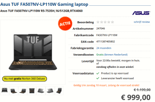 Asus TUF FA507NV-LP110W Gaming laptop voor €999 bij Informatique