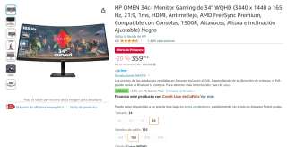 Monitor Gaming HP OMEN 34" WQHD (3440x1440 165 Hz, 1ms, Compatible con Consolas, 1500R, Altavoces,Ajustable) por 359,99€