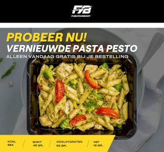 Gratis pasta pesto chicken bij je aankoop bij Fuel Your Body