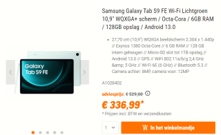 Samsung Galaxy Tab S9 FE WiFi (128GB) Groen voor €336,99 bij Nbb