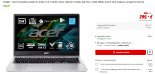 Ordenador Portátil Acer Chromebook CB315-4H-C4BQ, 15.6" Full HD, Intel® Celeron® N4500, 8GB RAM, 128GB eMMC, Intel® UHD Graphics, Google Chrome OS por 299€