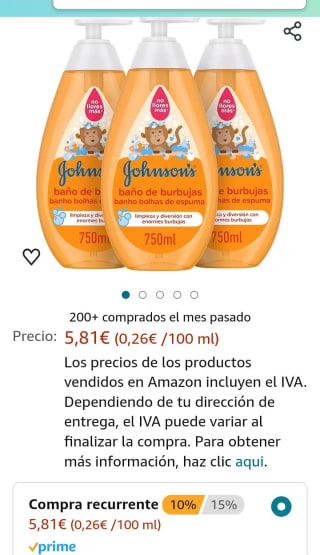 Johnson's Baby Baño de Burbujas para niños, formulado para la piel delicada de los bebés 3 x 750ml por 5,81€.