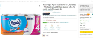 16 rollos de Papel higienico Regio Rinde más 280 Hojas Dobles por $77