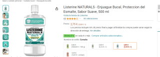 Listerine NATURALS Enjuague Bucal Sabor Suave de 500 ml por 2,75€