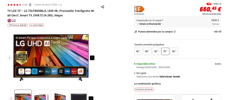 TV LED 75" LG 75UT80006LA, UHD 4K, Procesador Inteligente 4K α5 Gen7 por 660,45€