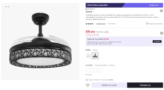 Ventilador de techo Jocca con plafón de 3 aspas transparentes con diámetro de 106 cm, con 6 velocidades, 3 opciones de luz por 59.49€ (Cuenta Nueva 47.49€)