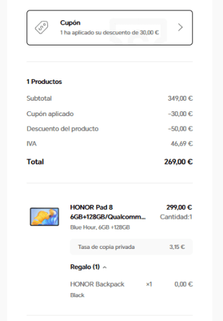 Tablet HONOR Pad 8 6GB/128GB de 12 pulgadas por 269€