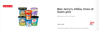 Ben Jerry's, Milka, Oreo of Daim pint voor €2,99 bij Hoogvliet