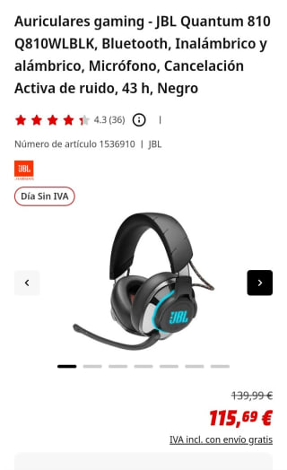 Auriculares Gaming JBL Quantum 810 por 115,69€.