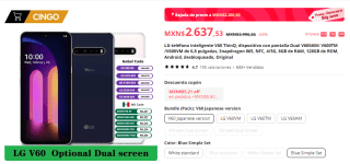 Teléfono LG V60 ThinQ 128GB por $2,287 en AliExpress