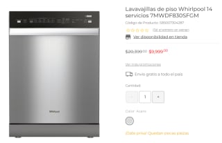 Lavavajillas Whirlpool 14 servicios por $9,999 en Suburbia