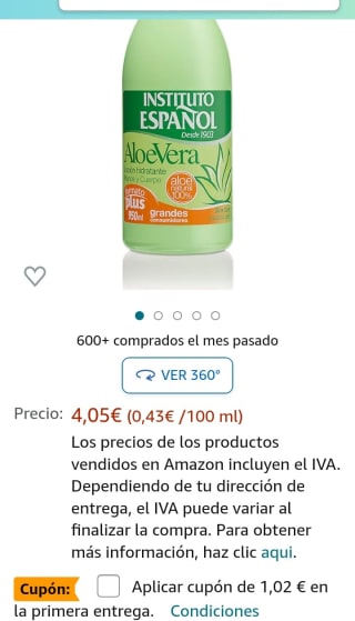 INSTITUTO ESPAÑOL loción hidratante aloe vera dosificador 950 ml por 3,03€.