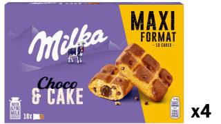 4 Paquetes de Milka Cake & Choc Bizcocho con Pepitas de Chocolate con Leche de los Alpes y Relleno de Chocolate Formato Familiar 350g por 12.14€