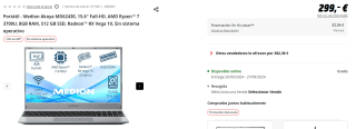 Portátil Medion Akoya MD62430, AMD Ryzen 7 3700U, 8GB RAM, 512 GB SSD, Radeon RX Vega 10 por 254,15€
