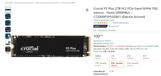 Crucial P3 Plus 2TB M.2 PCIe Gen4 NVMe SSD por 100.99€