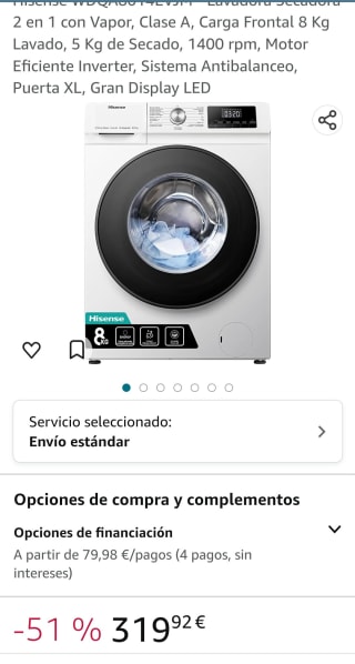 Lavadora secadora Hisense modelo WDQA8014EVJM por 319,92€