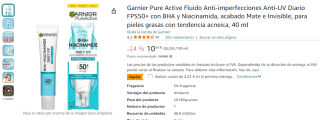Garnier Pure Active Fluido Anti-imperfecciones Anti-UV Diario FPS50+ por 8,33€