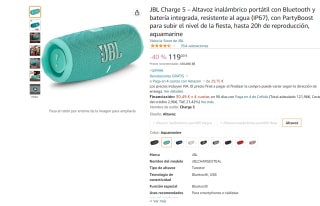 Altavoz inalámbrico portátil marca JBL Charge 5 por 119€