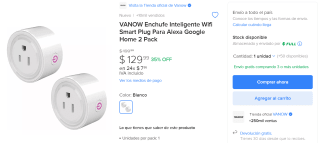 2 Enchufes Inteligentes Wifi VANOW por $130 en Mercado Libre