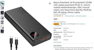 Baseus Powerbank 65 W powerbank (20.000 mAh) voor €49,99