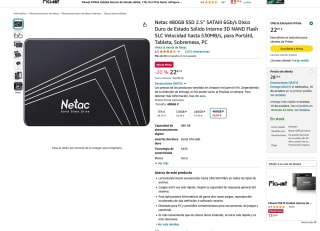 Disco Duro Netac 480GB SSD 2.5'' SATAIII 6Gb/s de Estado Sólido Interno 3D NAND Flash SLC Velocidad hasta 530MB/s por 22,87€