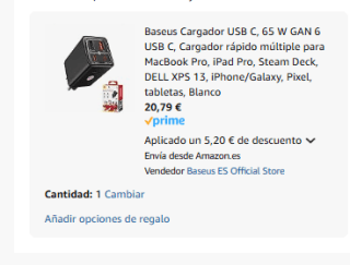 Baseus Cargador rápido USB C, 65 W GAN 6 USB C por 19,99€